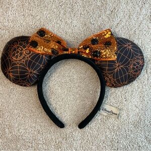Disney Parks Halloween Orange Black Spider Web Polka Dot Minnie Ears Sparkle
